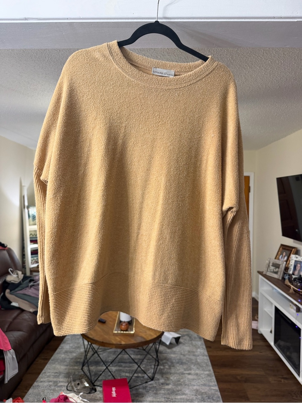 🤎 Zenana Camel Tan Oversized Textured Ribbed Sleeve Sweater – L/XL